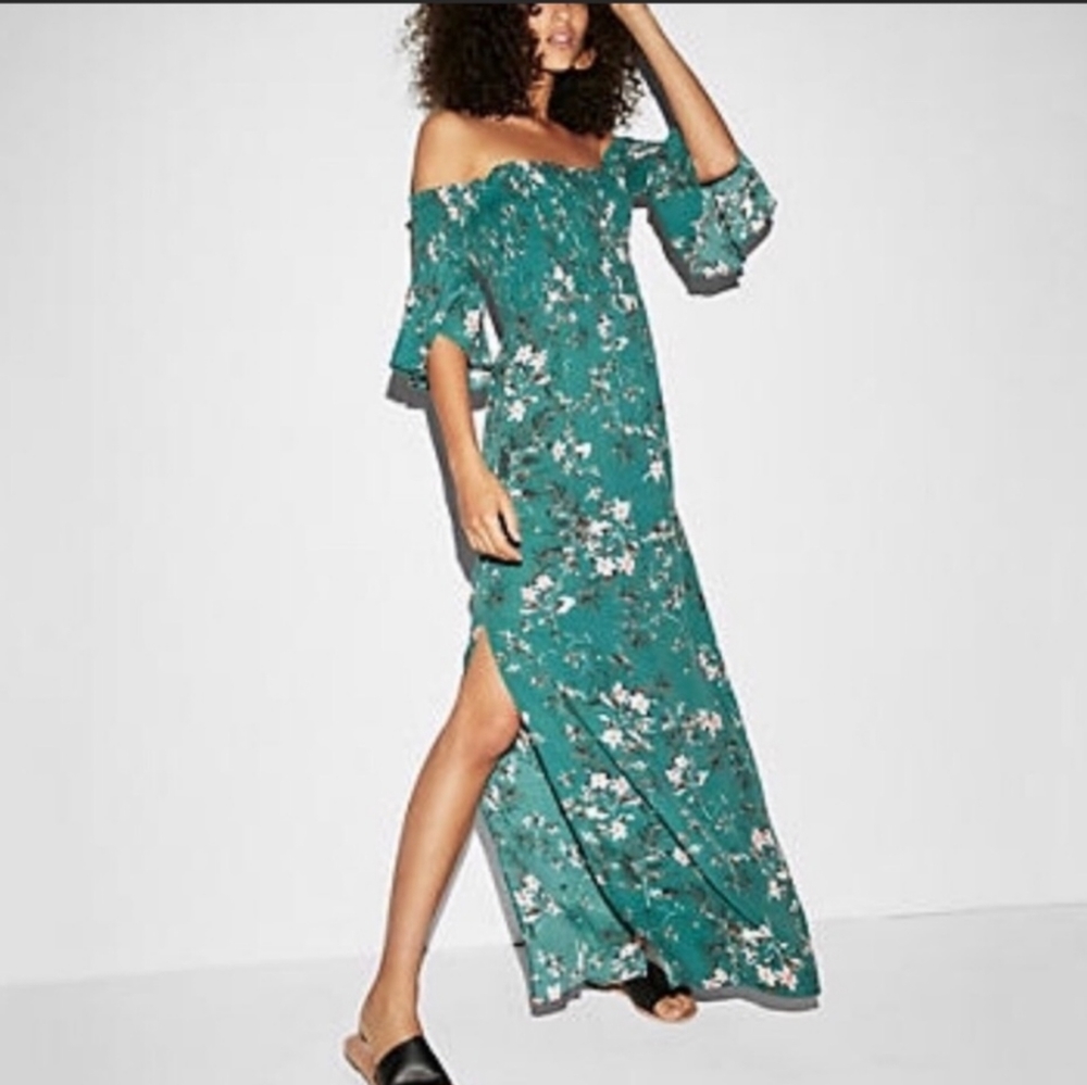 Express Green Floral off-shoulder smocked maxi dress XL long tall